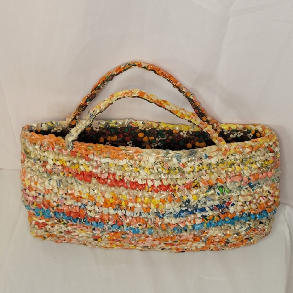 Vintage Handmade plastic bag mini tote bag fabric lined upcycled repurposed